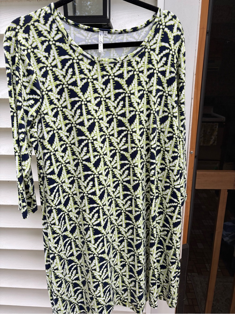Lulu-B Navy Tunic with Lime Geometric Leaf Pattern